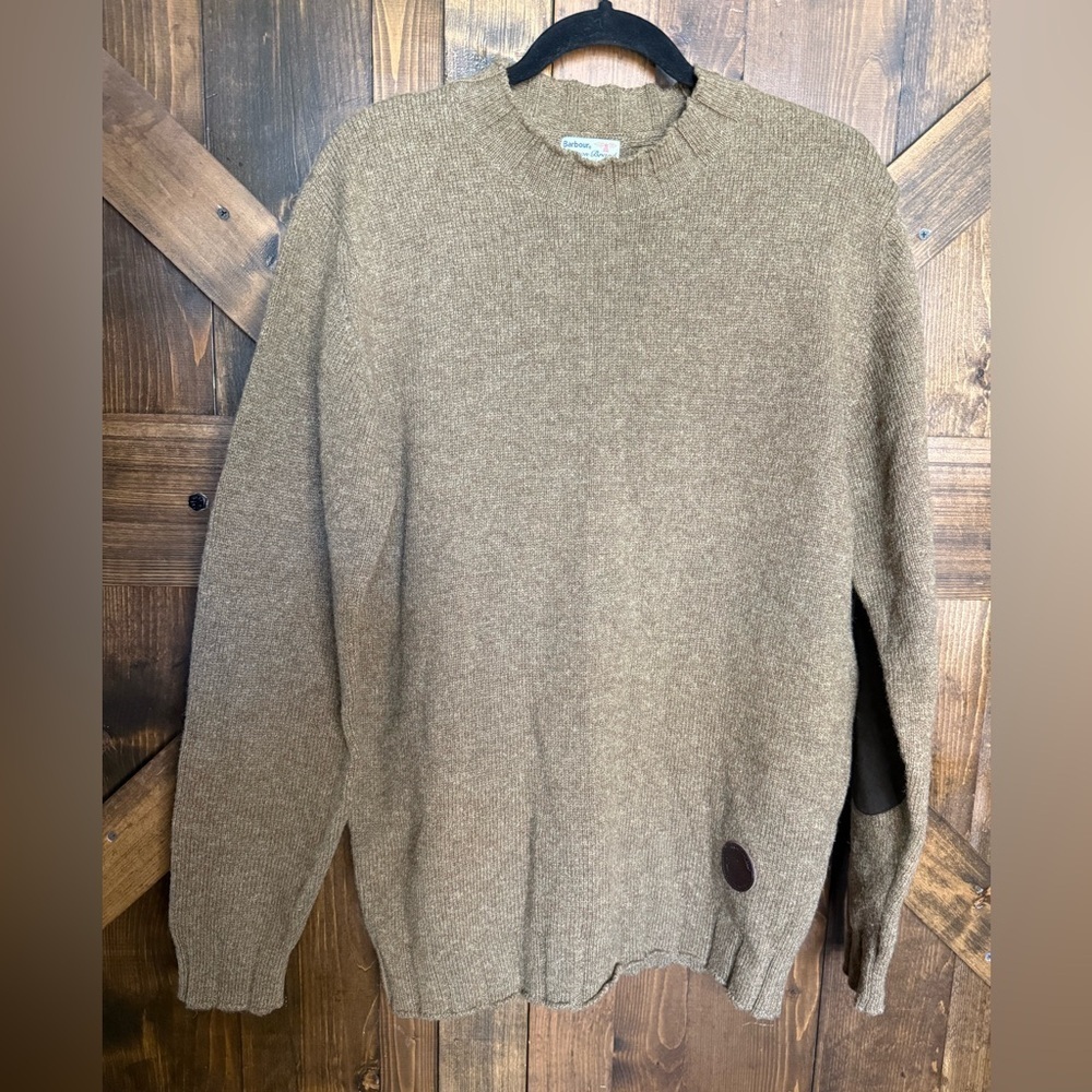 BARBOUR BEACON BRAND Stockman Crew Neck Trench Shetland Wool Brown Sweater Sz M